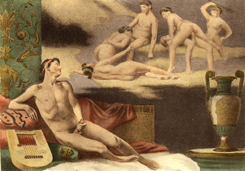 голый парень онанирует вспоминая божественную оргию, эротическая гравюра