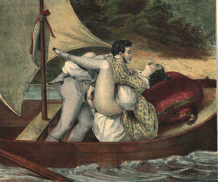 секс в лодке во время речной прогулки, эротическая гравюра