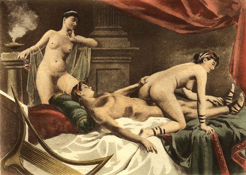 две сестры ублажают в сексе молодого мужчину, эротическая гравюра