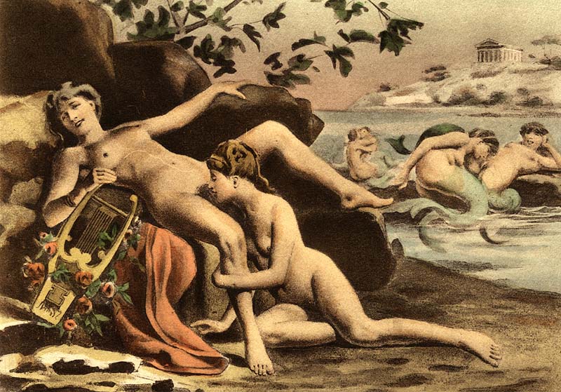 Лесбийские игры богинь на пляже. эротическая гравюра