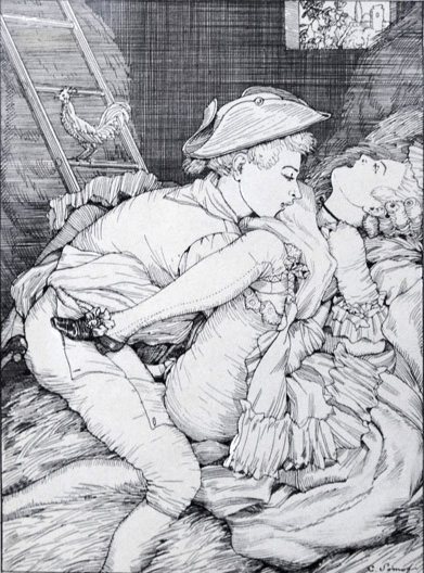 секс солдата и барышни на сеновале, эротическая гравюра