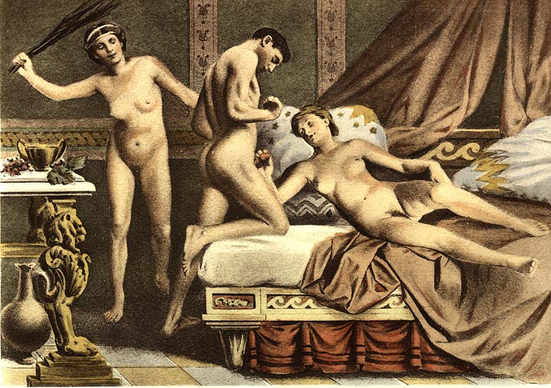 БДСМ игры мужчины с двумя голыми женщинами, эротическая гравюра