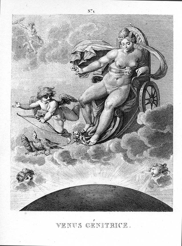 голая богиня на своей колеснице в облаках, эротическая гравюра