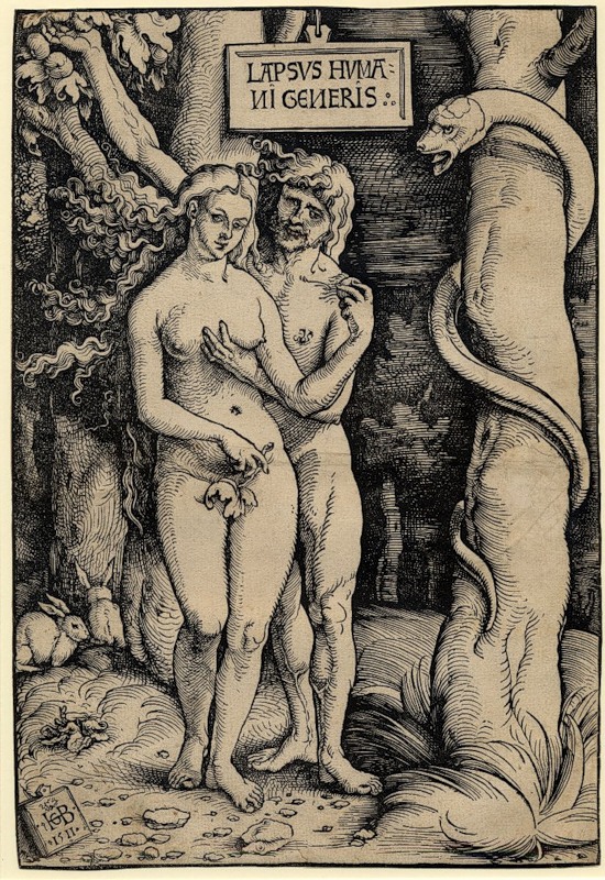 Адам тискающий Еву за сиськи и подстрекающий их Змей, эротическая гравюра