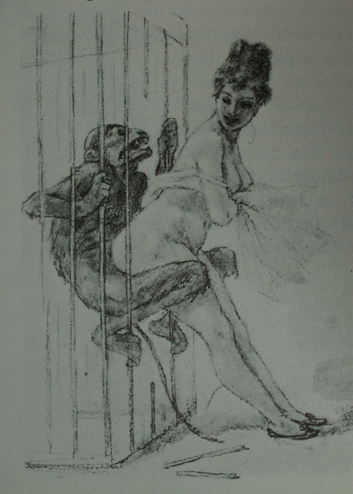 секс женщины с обезьяной через прутья клетки, эротическая гравюра