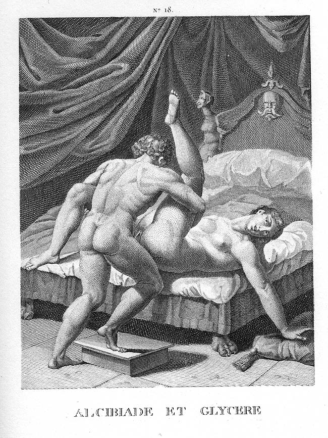 Секс на кровати с подставочкой, эротическая гравюра