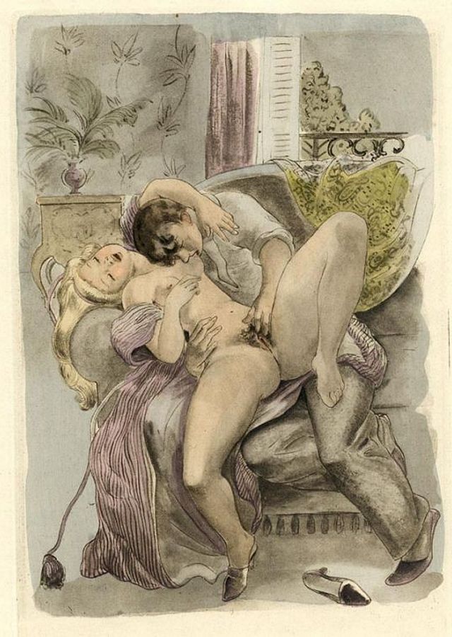 голая дама с любовником вечером у окна на диване, гравюра с эротикой и сексом
