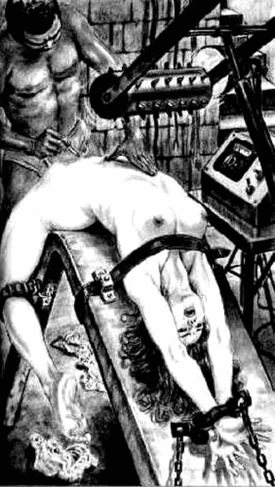 жестокий секс, негр трахает женщину привязанную на пыточном столе, рисунок бдсм, эрогуро