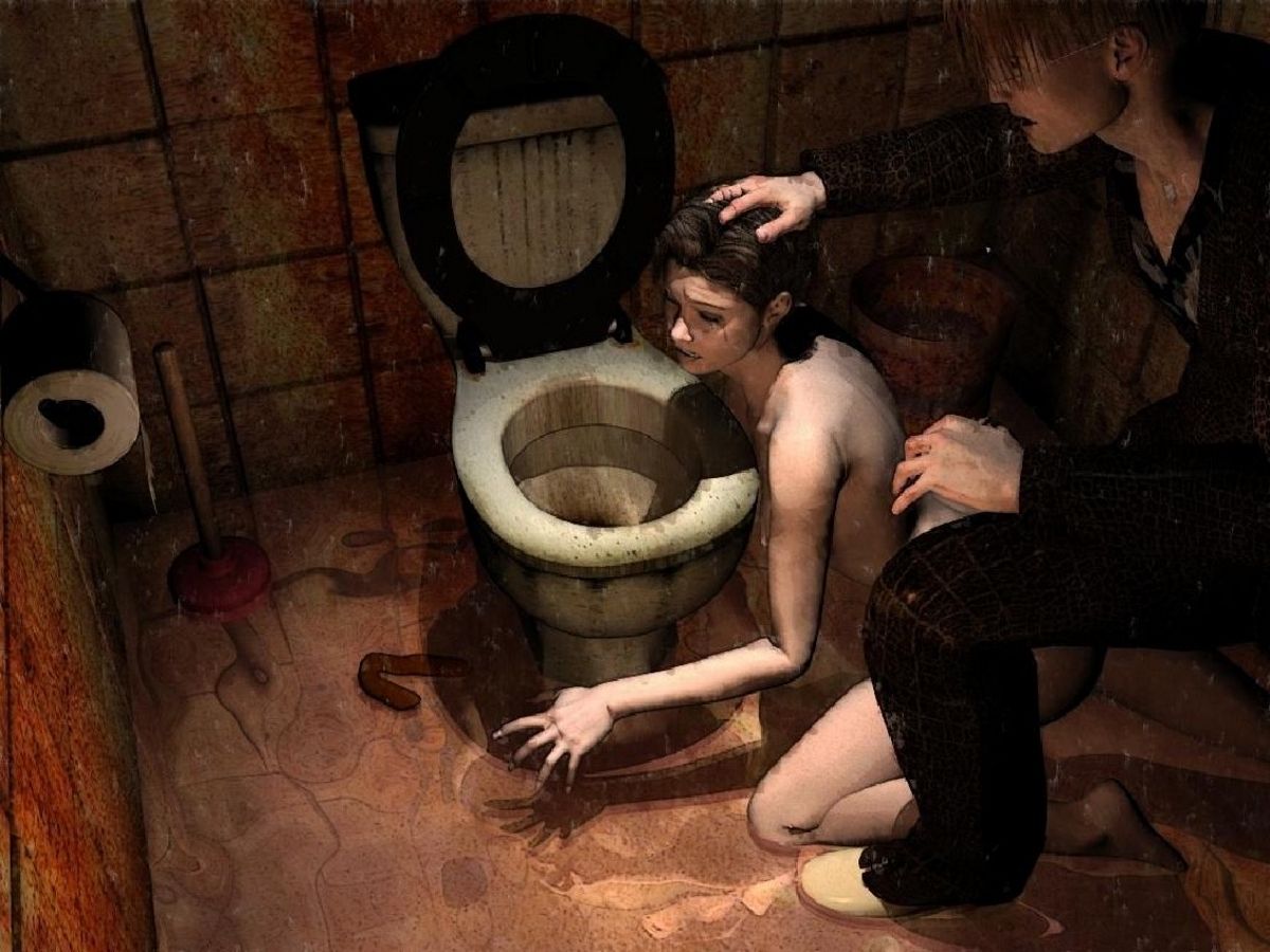 жестокий секс, эрогуро, голую девушку в засранном туалете запихивают головой в унитаз  , рисунок бдсм, эрогуро