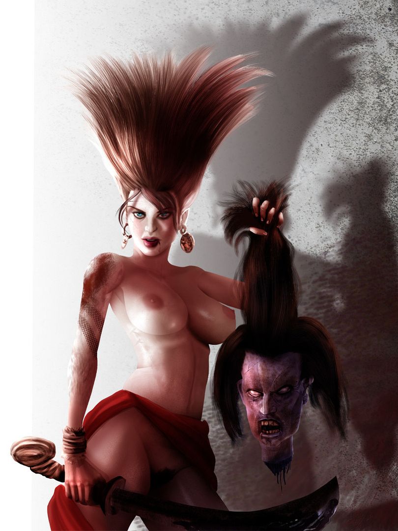 гуро, грудастая женщина-воин топлесс и с мечом в руке держит за волосы отрубленную голову ее обидчика, рисунок бдсм, эрогуро