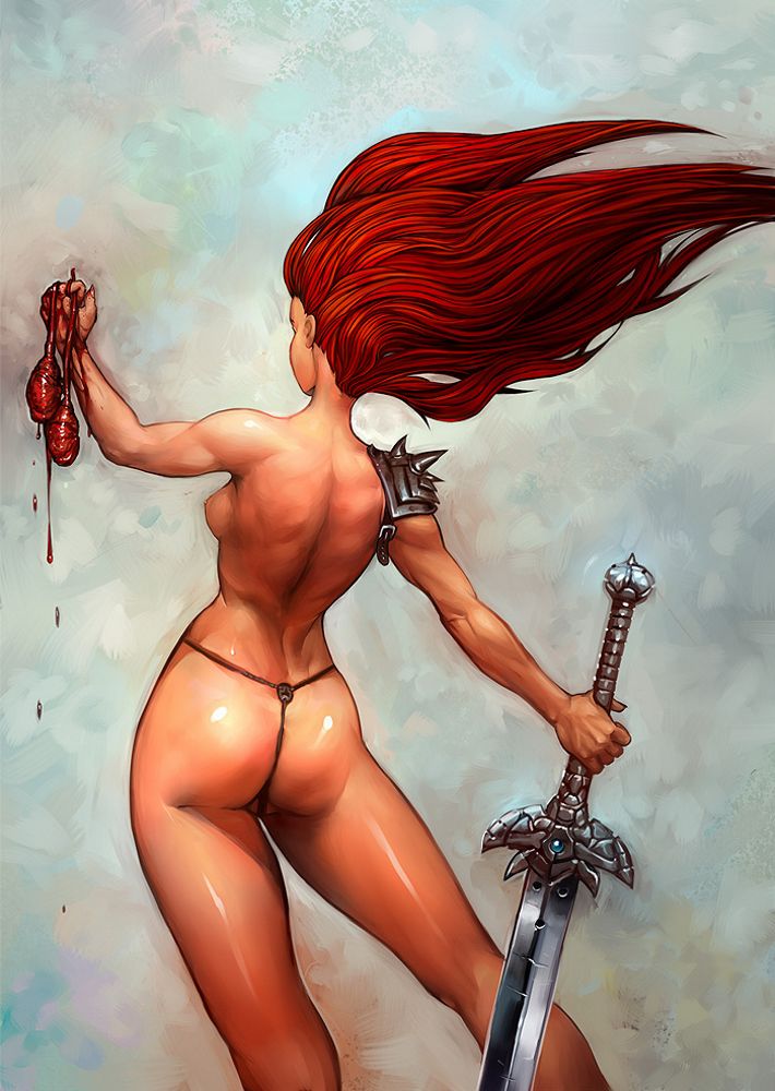 жестокий секс, гуро, голая девушка-воин в набедренном пояске, с мечом и отрезанными яичками в поднятой руке, рисованная эротика, рисунок бдсм, эрогуро
