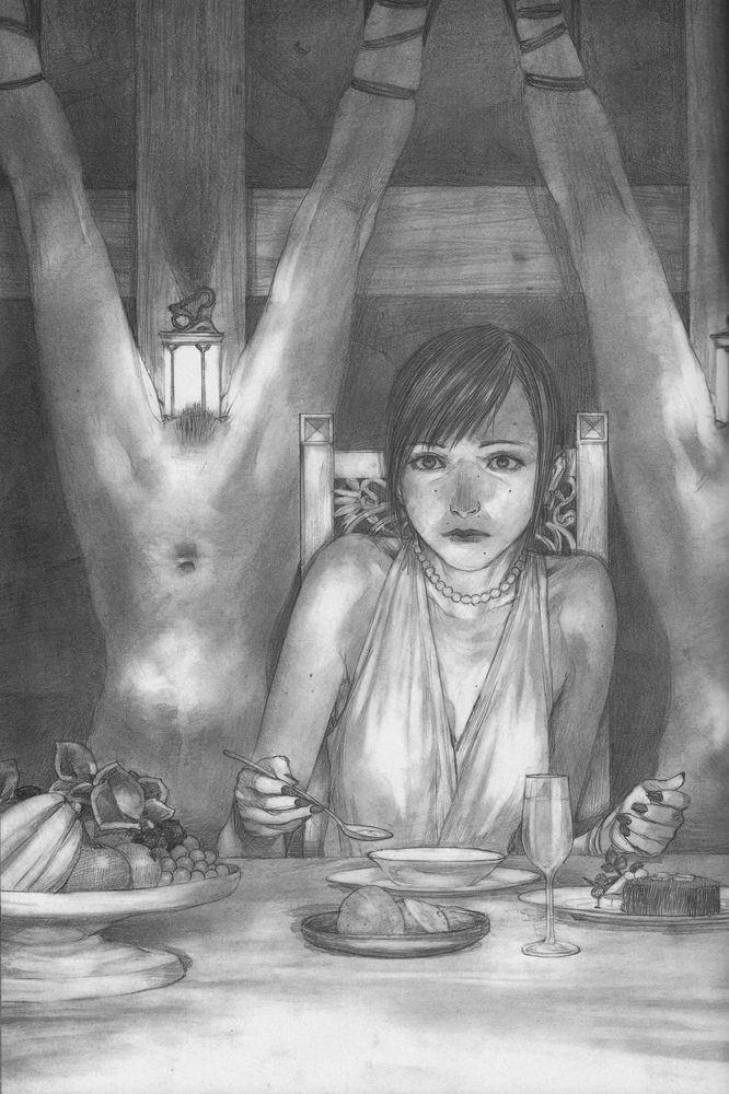 гуро, девушка на светском ужине немного смущена тем, что в качестве канделябров подвешены голые женщины со вставленными в их вагины светильниками, рисунок бдсм, эрогуро