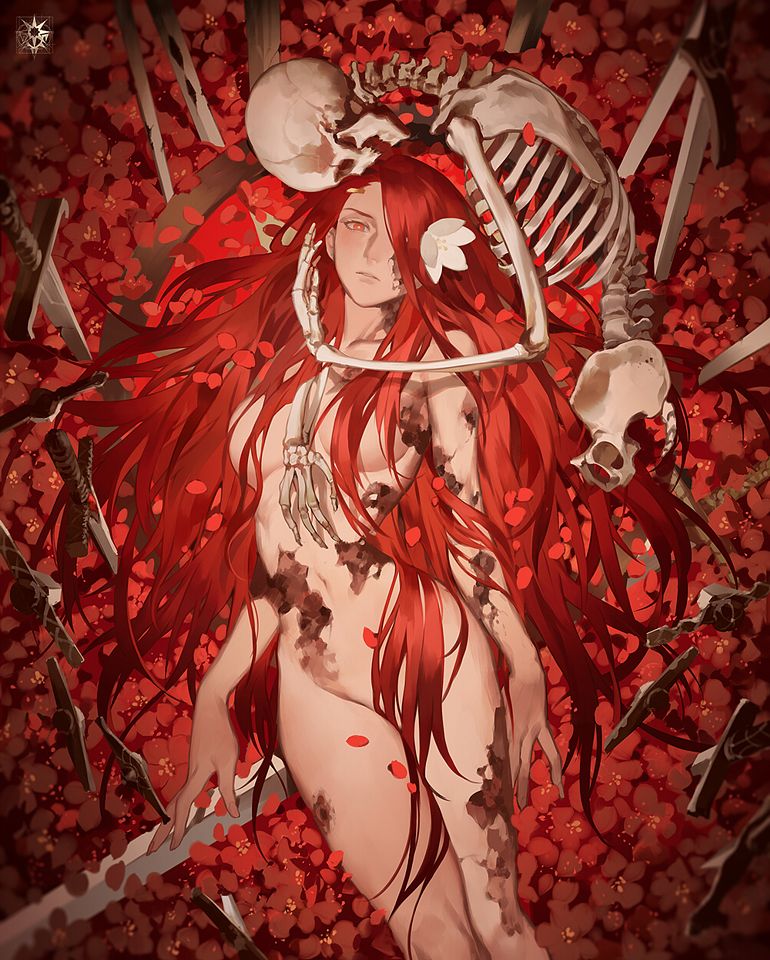 жестокий секс, гуро, голая девушка на ложе из лепестков роз в нежных руках живого скелета, рисованная эротика, рисунок бдсм, эрогуро