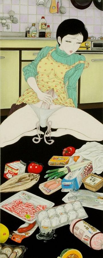 жестокий секс, гуро, молодая японка на кухне мастурбирует морепродуктами, засунув в трусы кальмара, рисунок бдсм, эрогуро
