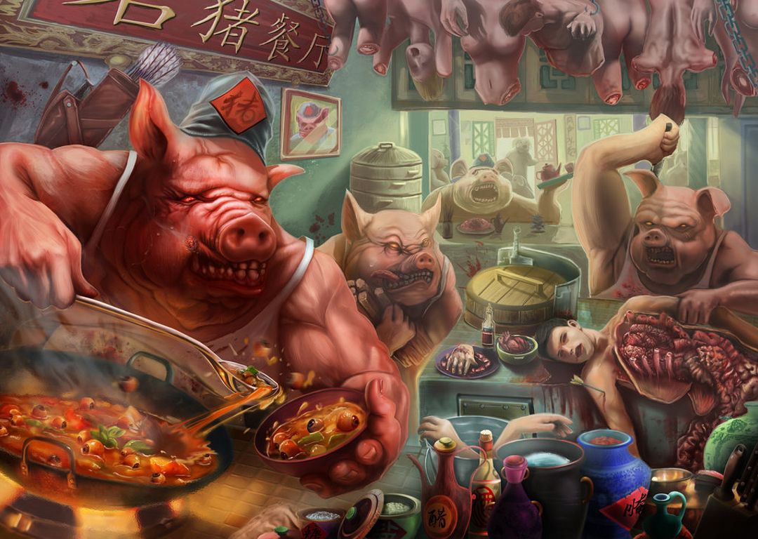 жестокий секс, гуро, если бы свиньи были умнее, то работа на кухне японского ресторана выглядела бы примерно так - разделка свежих туш мужчин и женщин, рисунок бдсм, эрогуро