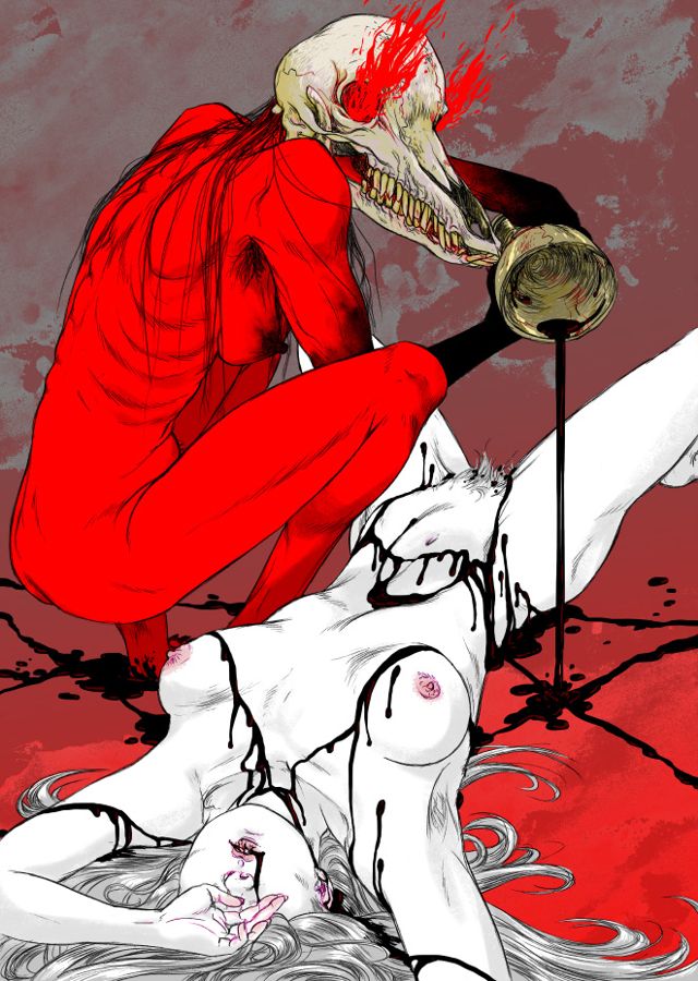 жестокий секс, гуро, огненный суккуб чертит магические символы выжатой из голой женщины кровью, рисунок бдсм, эрогуро