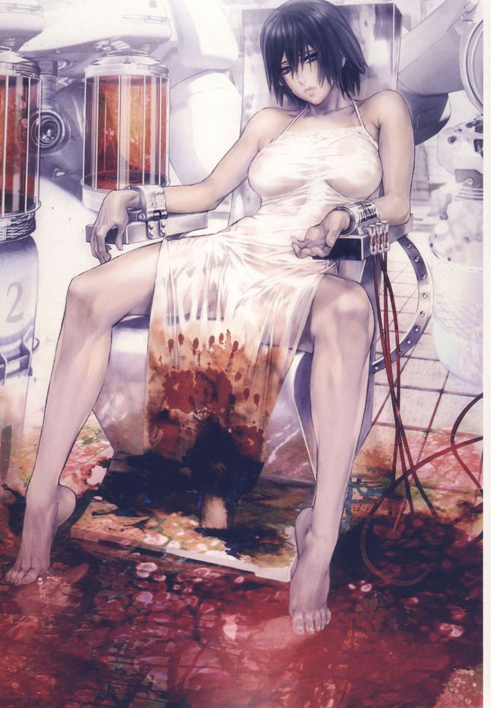 жестокий секс, гуро, девушка в окровавленном белом платье на голое тело прикована к медицинскому креслу и подключена к аппарату переливания крови, рисованная эротика, рисунок бдсм, эрогуро