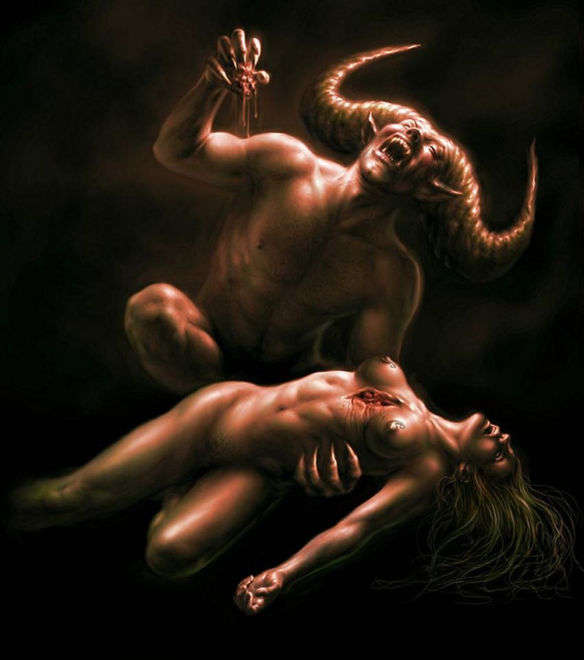 жестокий секс, гуро, рогатый демон вырывает сердце у голой блондинки во время анала сзади, рисунок бдсм, эрогуро