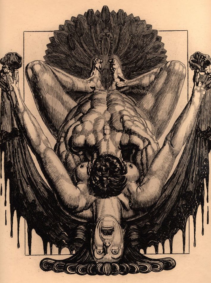 жестокий секс, гуро, вампир вгрызается в шею женщины насаженной на его член, рисованная эротика, рисунок бдсм, эрогуро