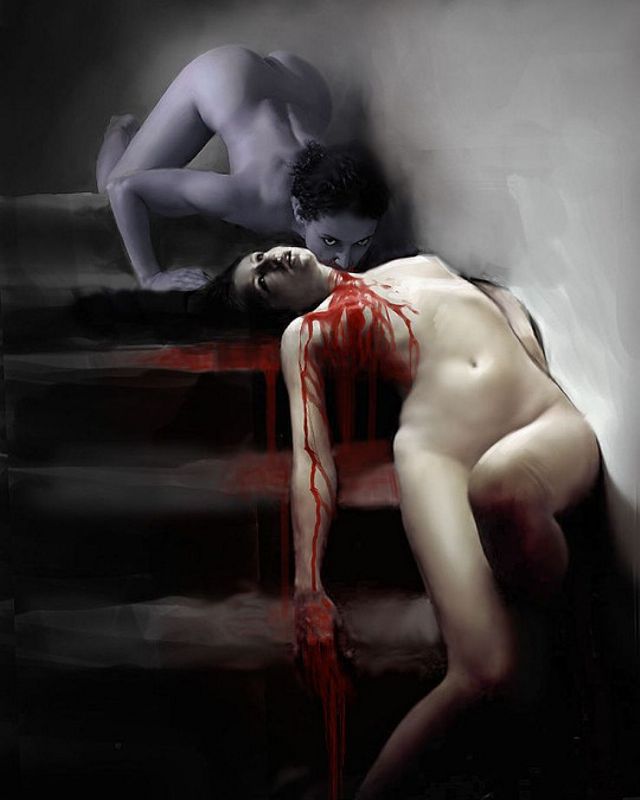 голая девушка вампир на лестнице пьет кровь из шеи своей обнвженной любовни...