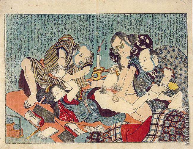 жестокий секс, три японца трахают женщину на старинной гравюре, рисунок бдсм, эрогуро