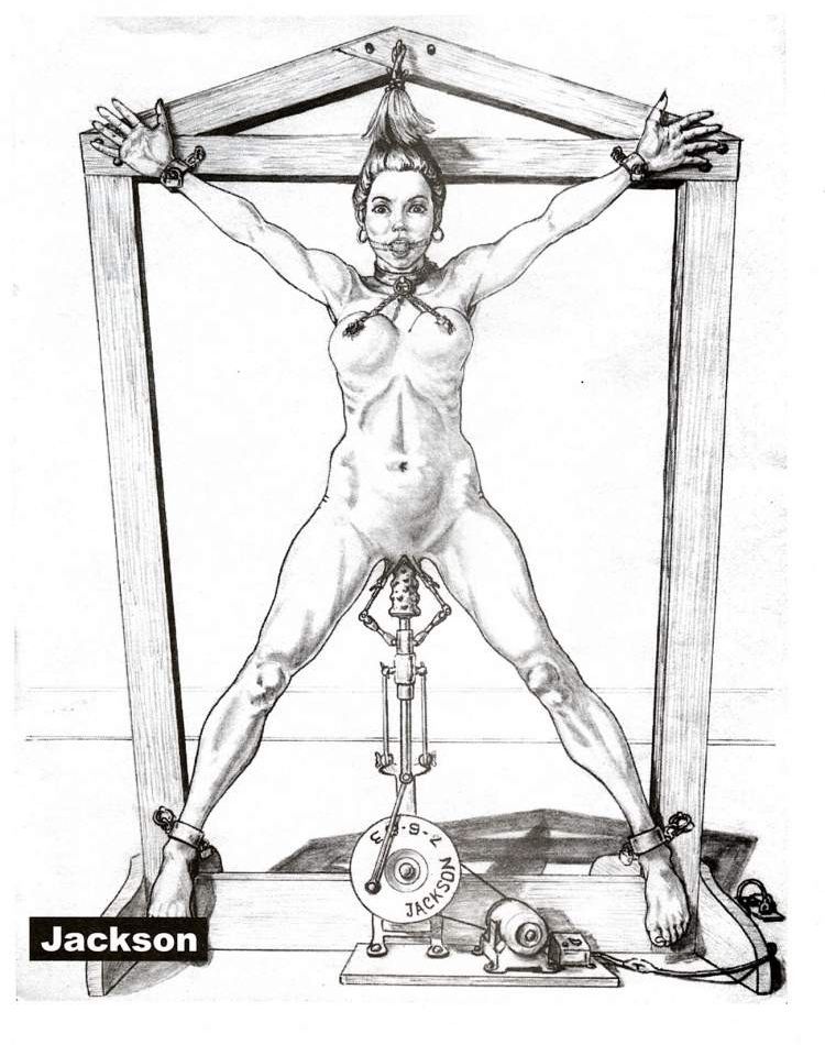 механической возбуждение привязанной к станку женщины с помощью примитивной секс машины. эро арт бдсм, гуро, рисованная эротика, рисунок бдсм, эрогуро
