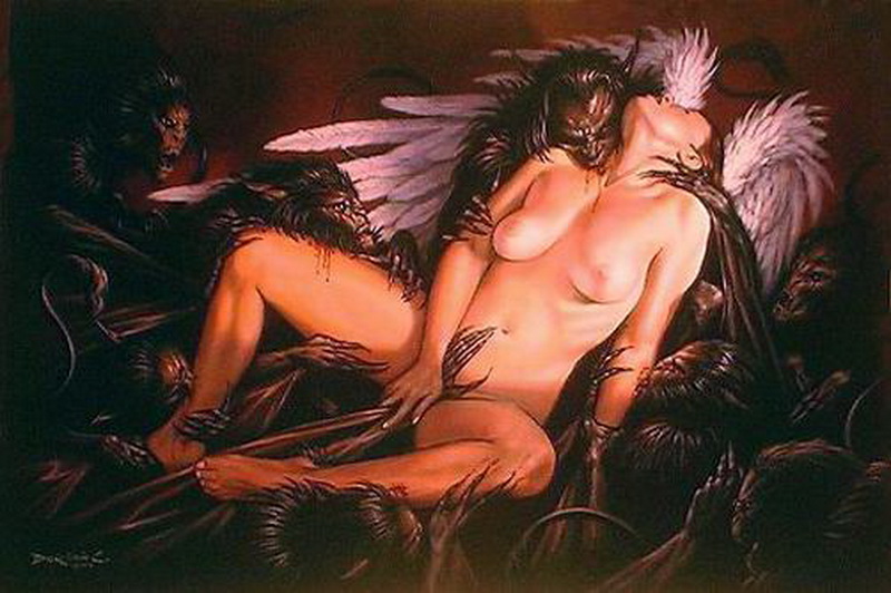 жестокий секс, крылатая девушка-ангел попалась в лапы черным обезьянам, рисунок бдсм, эрогуро