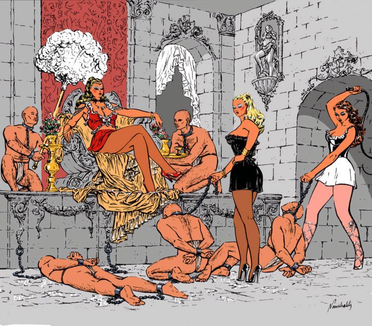 жестокий секс, голенастые и сисястые бабы наказывают плетьми голых мужчин у трона садистки королевы, рисованная эротика, рисунок бдсм, эрогуро