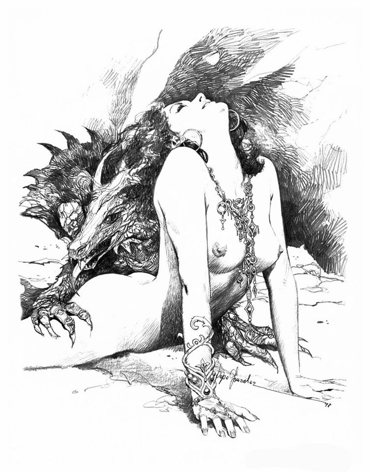жестокий секс, шипастый монстр лижет попу молодой колдуньи, рисованная эротика, рисунок бдсм, эрогуро