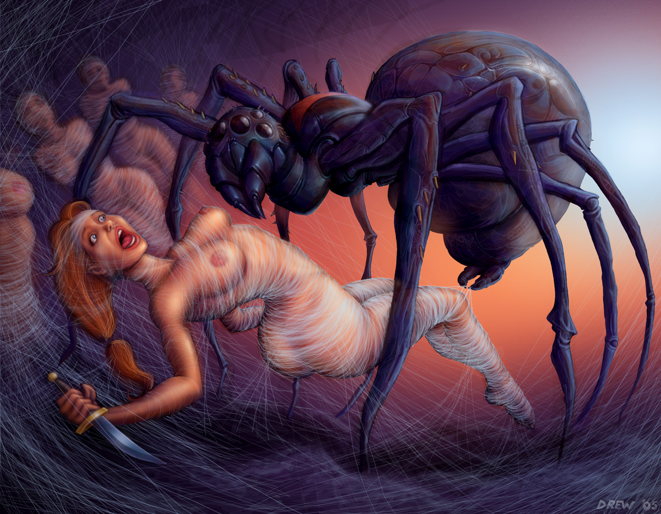 жестокий секс, огромный паук поймал рыжую девушку в свою паутину и готовится впрыснуть свое семя в ее вагину, рисунок бдсм, эрогуро