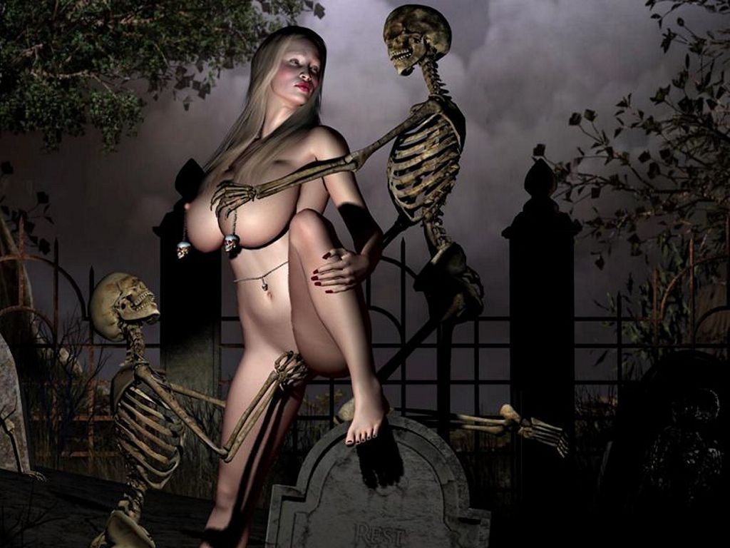 жестокий секс, блондинку с большими сиськами ночью на кладбище натягивают два скелета, рисунок бдсм, эрогуро