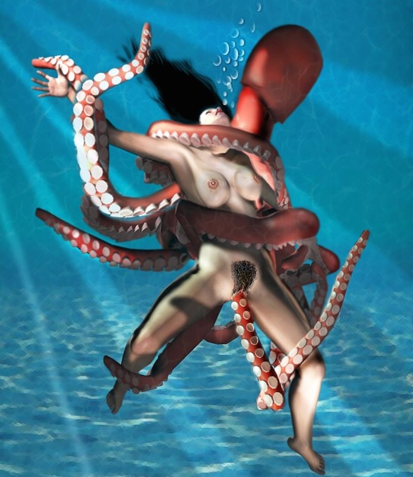 обнаженная женщина с волосатым лобком в щупальцах осьминога под водой