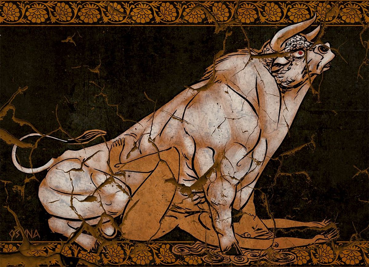старинная фреска секса женщины с быком