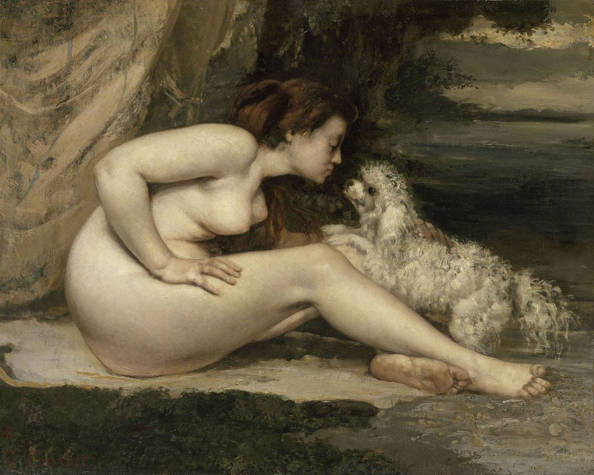 старинная живопись, голая женщина тянется с поцелуем к лохматой болонке