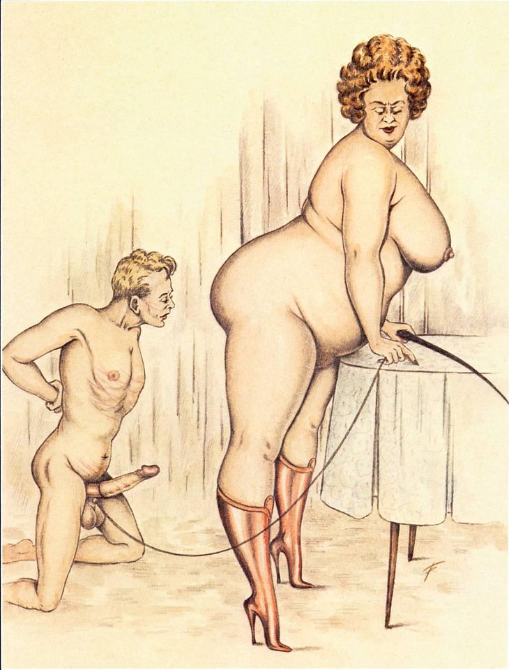 толстая голая дама с молодым человеком привязанным на поводок за пенис, гол...