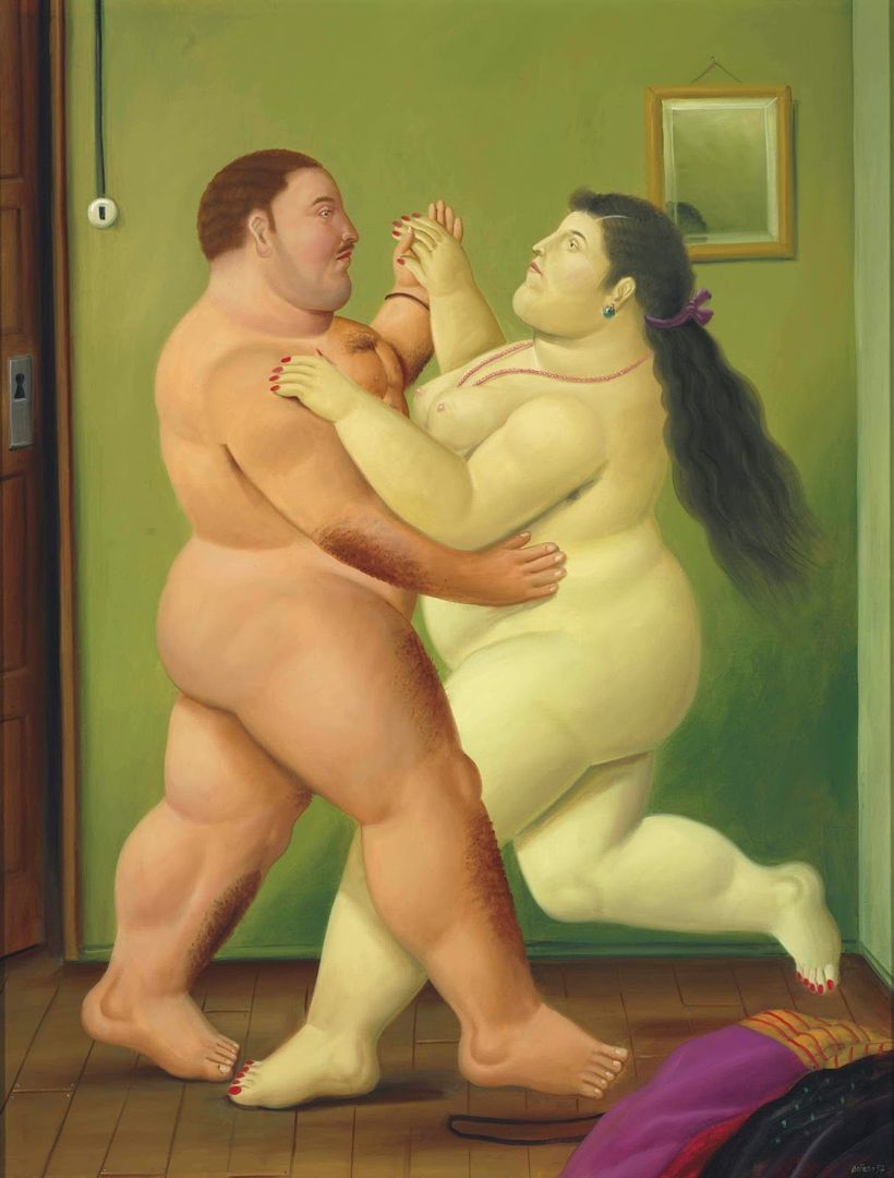 толстые мужчина и женщина танцуют танго в голом виде, рисунок толстушки
