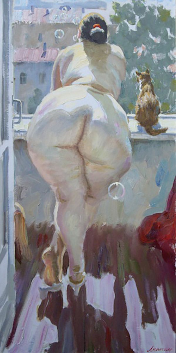 женщина с огромной толстой попой пускает мыльные пузыри из окна, рисунок толстушки
