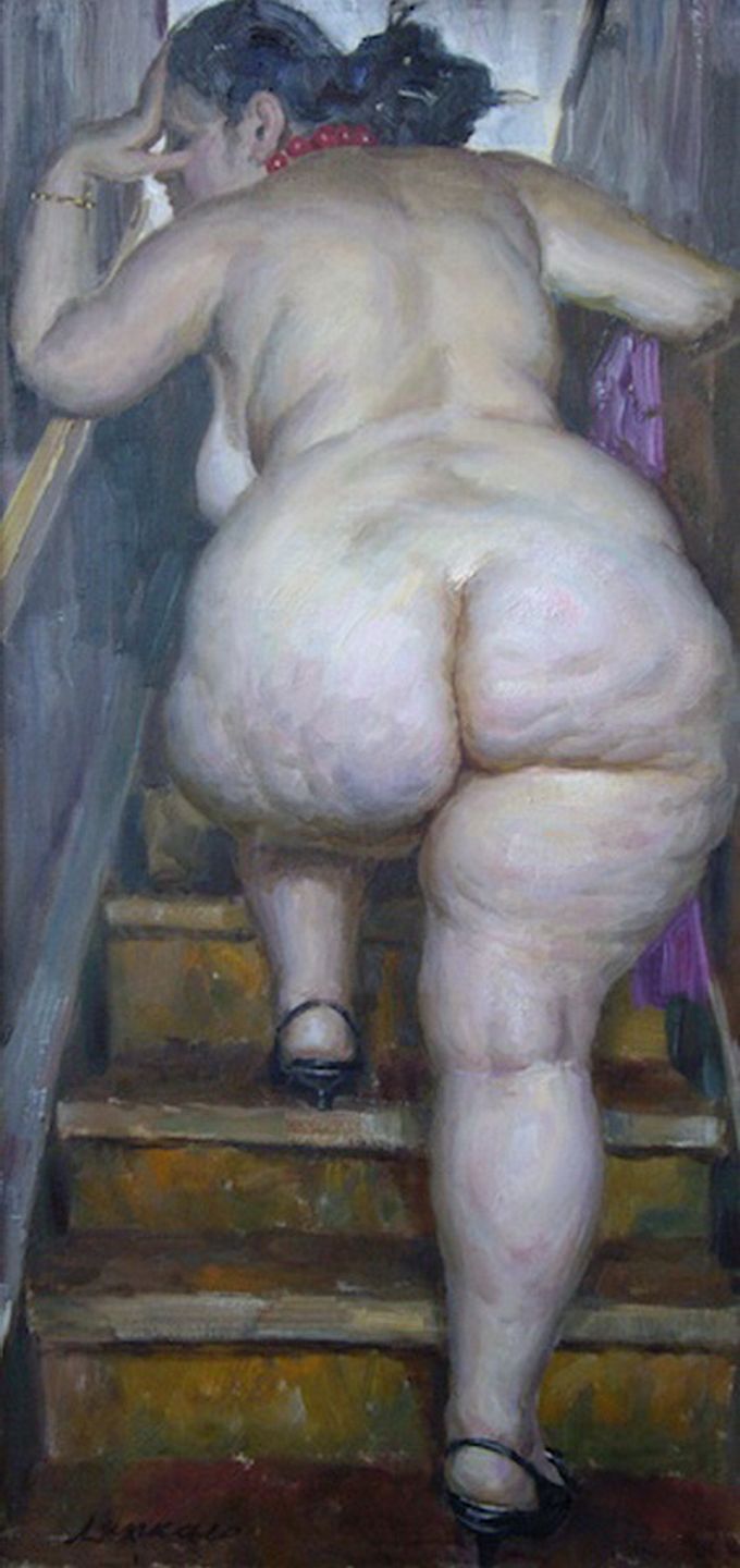 голая толстозадая тетка застряла на узкой лестнице, рисунок толстушки