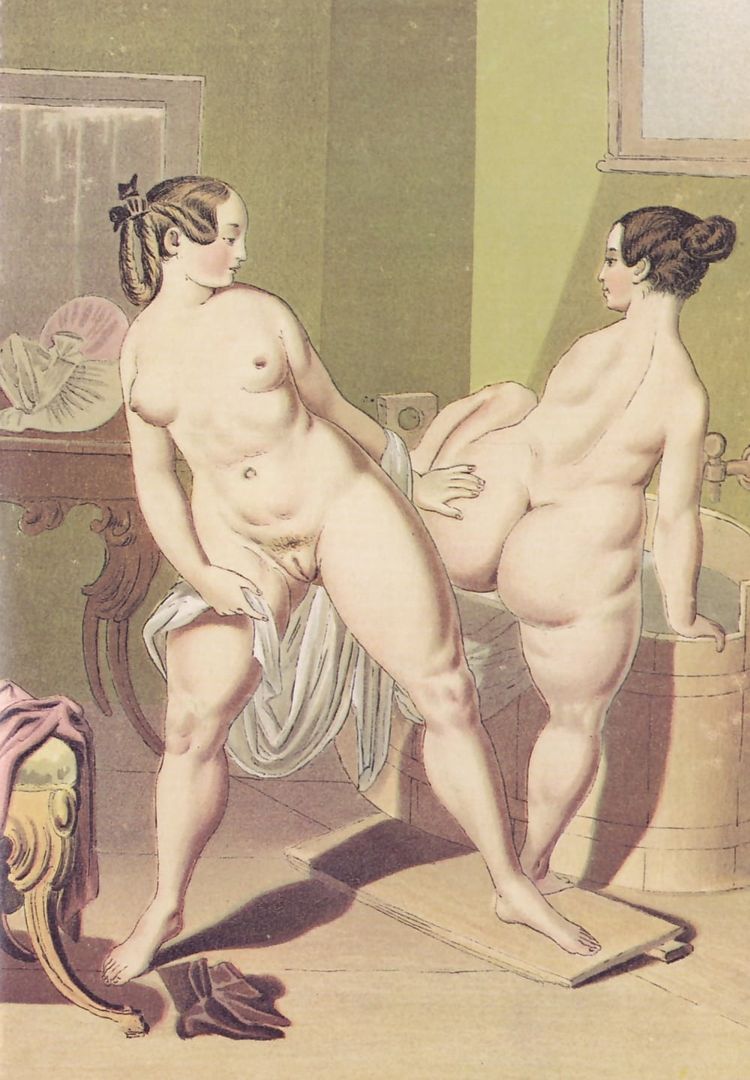 две голых пышечки принимают ванну, рисунок толстушки