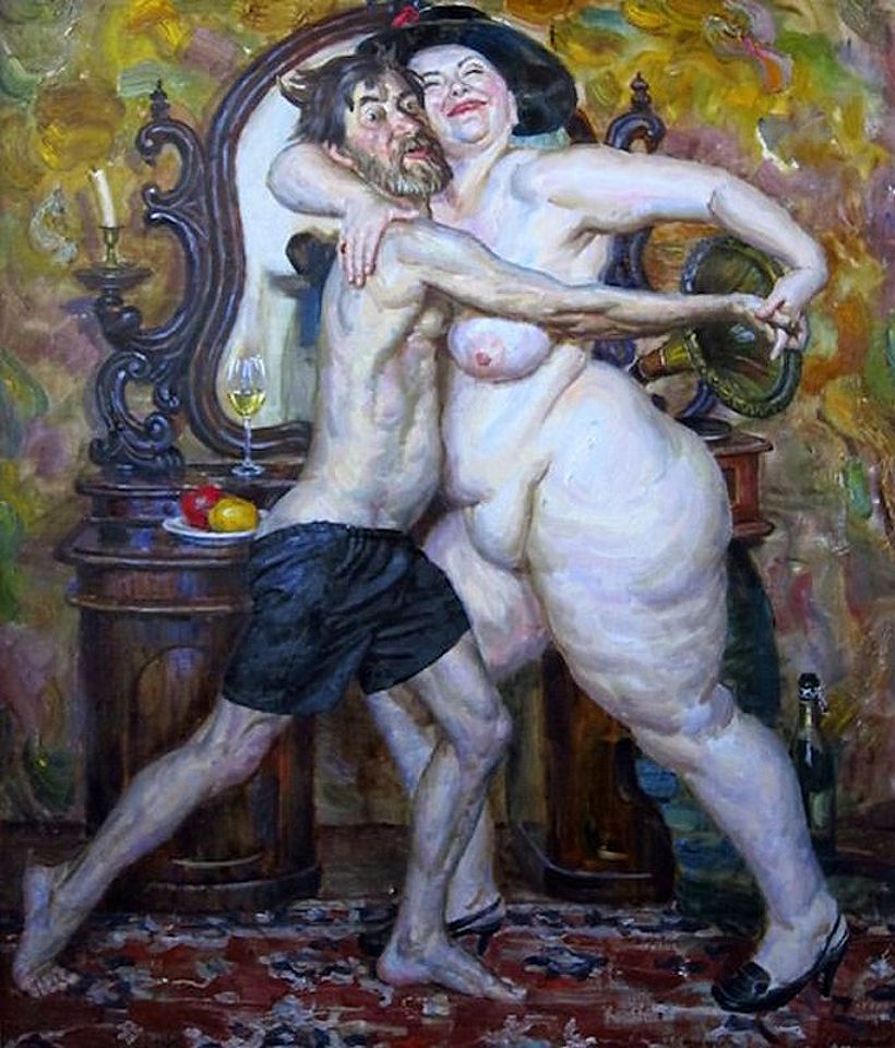 голая толстая баба танцует под патефон худенького мужичка в семейных трусах, рисунок толстушки