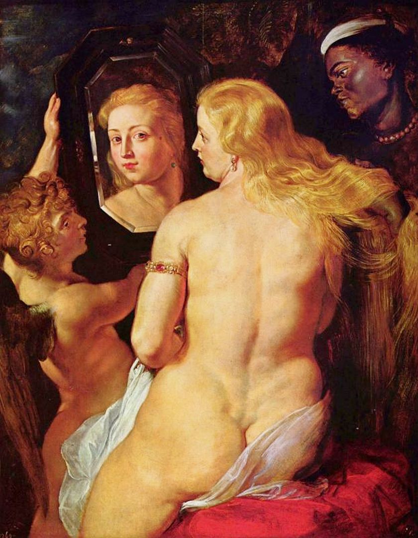 амурчик держит зеркало перед голой жироной Венерой , рисунок толстушки