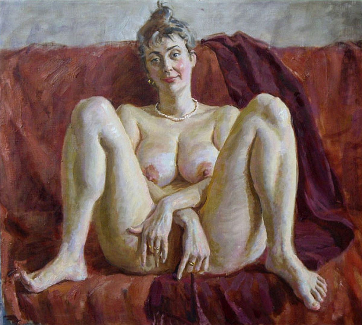 портрет жены художника сидящей с ногами на диване, широко раздвинув колени, картинка с толстой женщиной