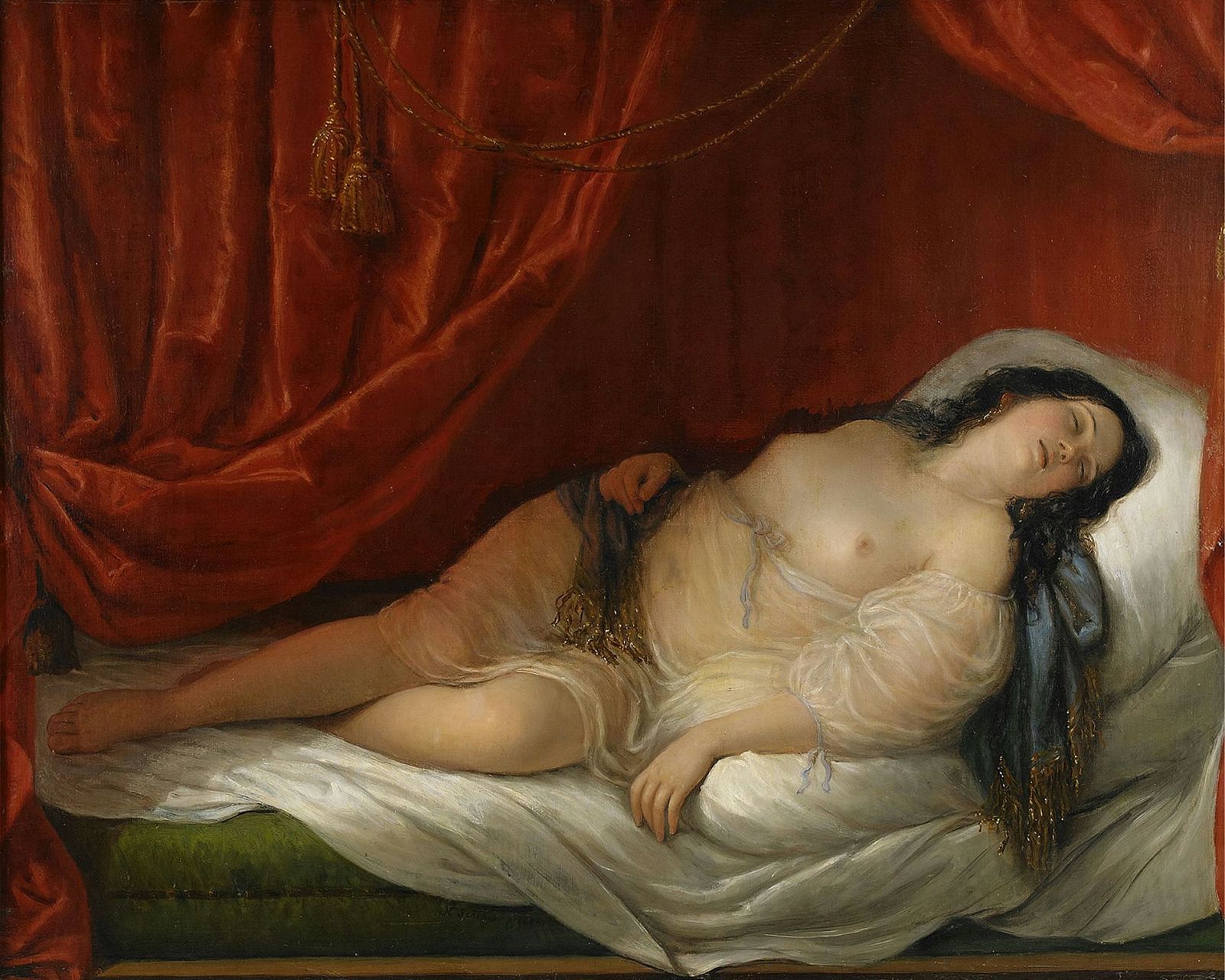 полная красавица в прозрачном пеньюаре спит откинувшись на подушку, картинка с толстой женщиной