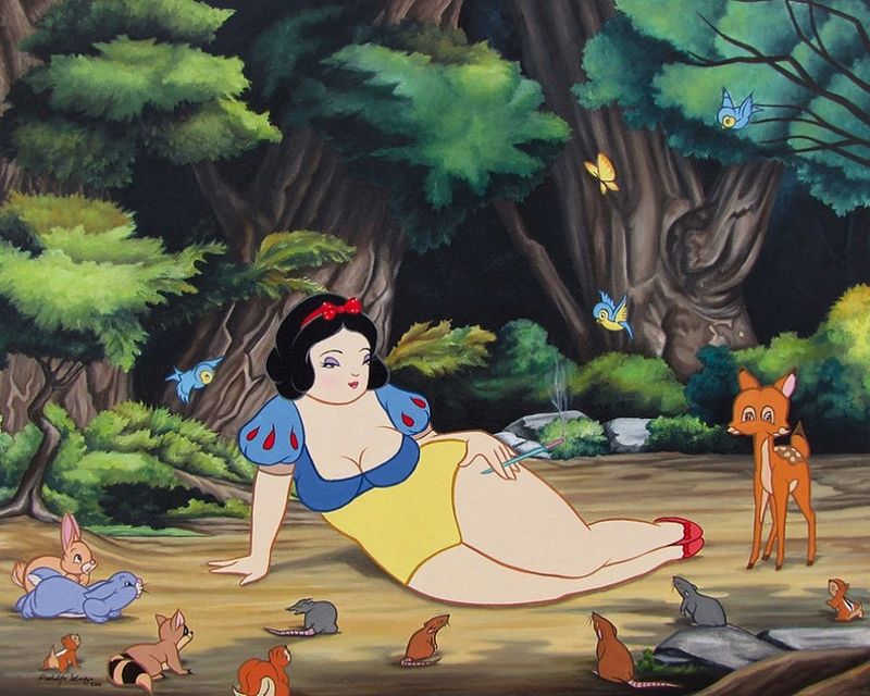 полная Белоснежка в лесу со зверятами, рисунок толстой женщины
