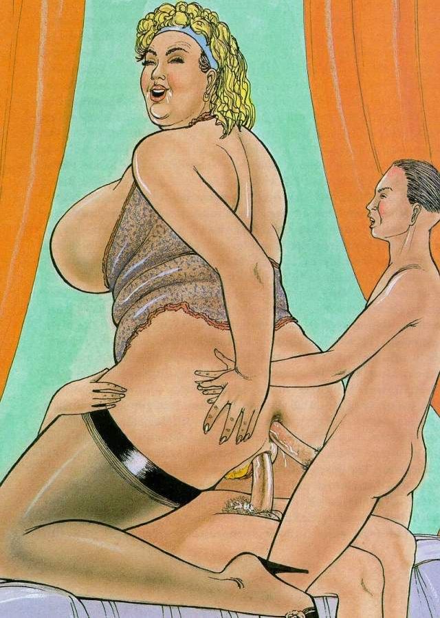 двое молодых парней натягивают толстую старую бабищу в вагину и анус одновременно, рисунок толстой женщины