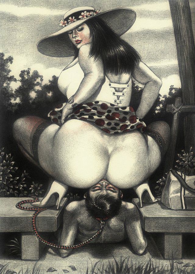 толстая голая дама сидит на корточках на лице лежащего между двух скамеек мужчины, рисунок толстой женщины