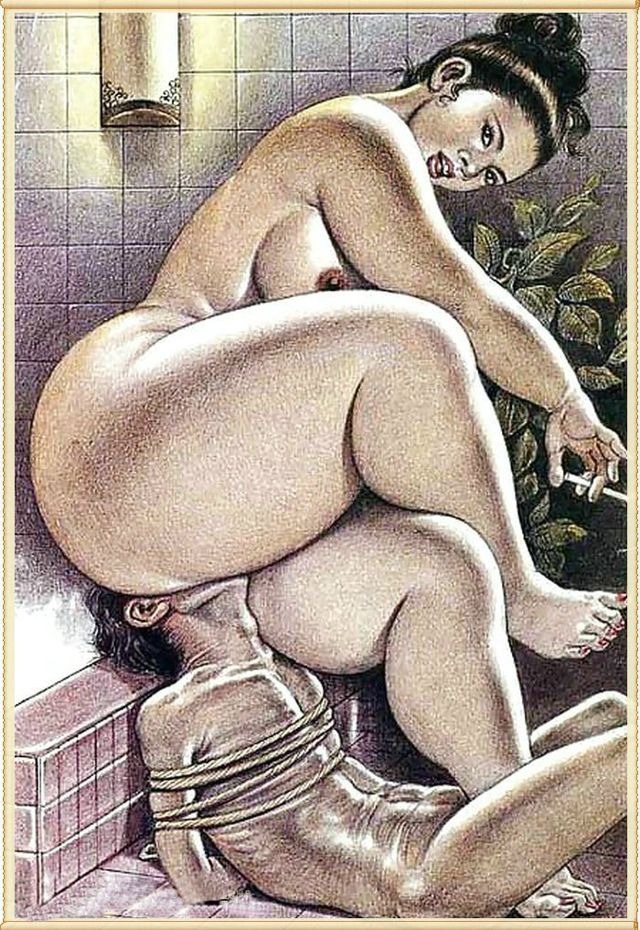 толстозадая азиатка с сигаретой в руке уселась на лицо связанного мужчины лежащего на полу, рисунок толстой женщины