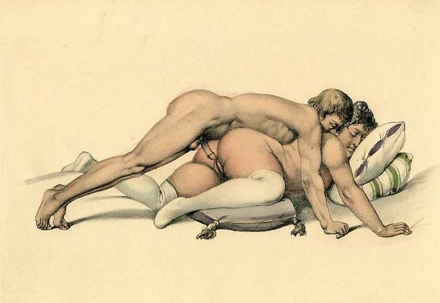 мужчина пристраивается сзади к лежащей на животе толстой зрелой женщине, старинная гравюра эротика