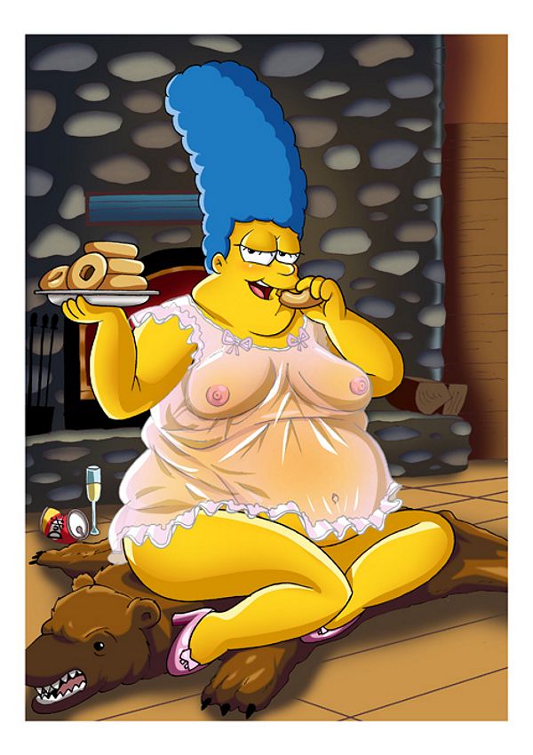 очень жирная Мардж Симпсон сидит в коротком прозрачном пеньюаре на шкуре медведя и поедает пончики, рисунок толстой женщины