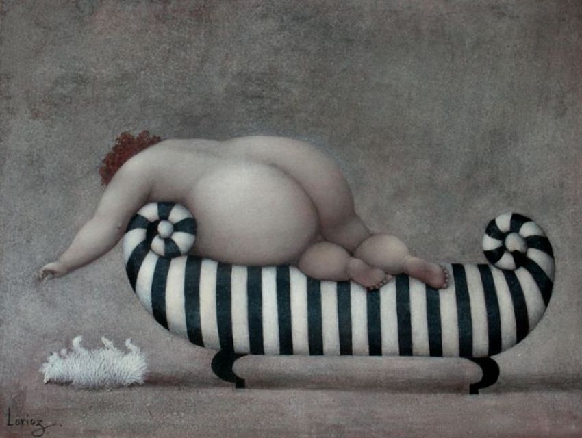 картина с голой толстой женщиной играющей с котом, живопись толстые